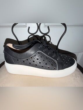 Alex Marie Black Perforated Leather Platform Sneaker with White Sole
